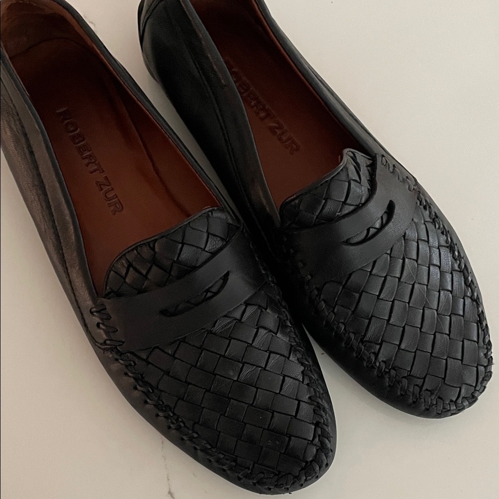 Robert Zur Woven Black Leather Slip-Ons